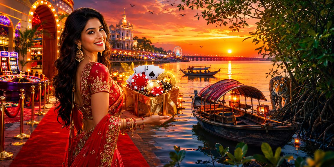 সুন্দরবনের পটভূমিতে বাংলাদেশি মডেলের মোবাইল ক্যাসিনো অ্যাপ ব্যবহারের দৃশ্য